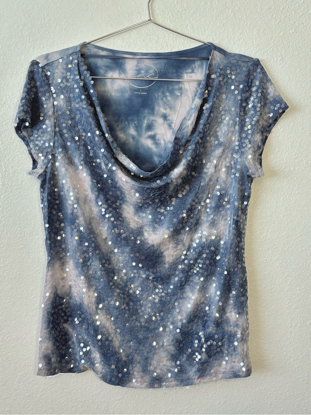 INC International Concepts Blue Tie-Dye Sequin Cowl Neck Short Sleeve Top